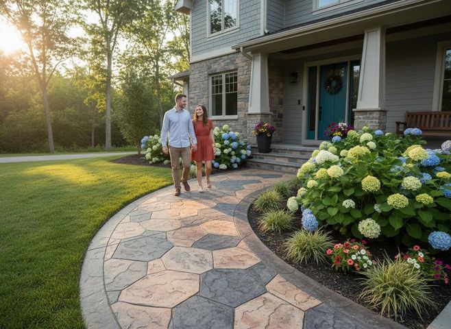 A couple walks along a patterned paver path to a stylish home. Lush hydrangeas and a green lawn frame the inviting scene. Couple walking on a decorative paver pathway to a beautiful home