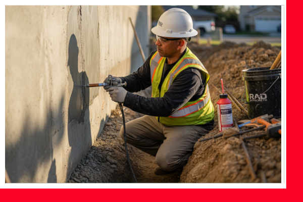 A Rad Concrete worker in a hard hat and safety vest applying a sealant or repair material to a concrete foundation wall with specialized equipment.