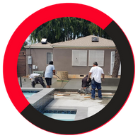 workers pouring and finishing a concrete patio and pool deck around a residential building, with a pool in the foreground, framed by a red and black circular border. workers pouring and finishing a concrete patio and pool deck around a residential building, with a pool in the foreground, framed by a red and black circular border.