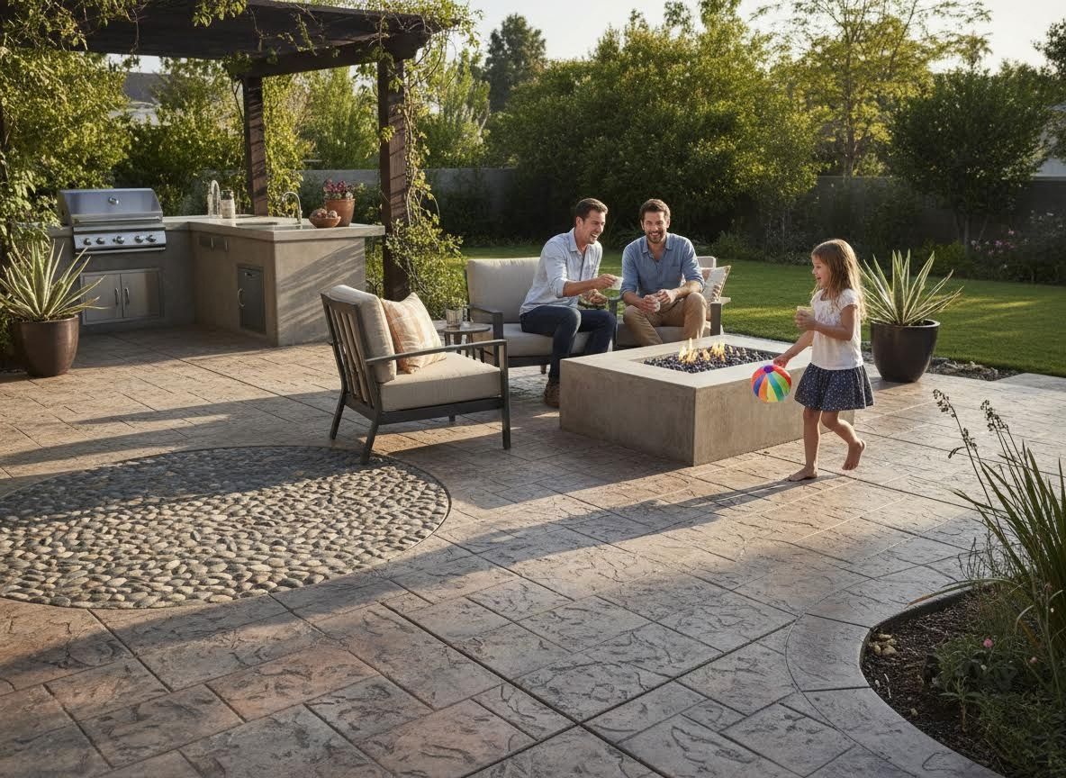 Outdoor Living Space with Fire Pit and Kitchen