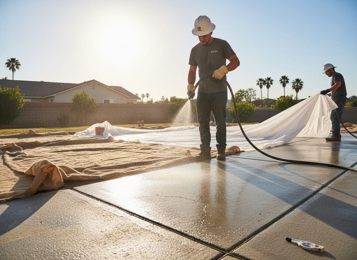 Construction workers curing concrete with water and covers