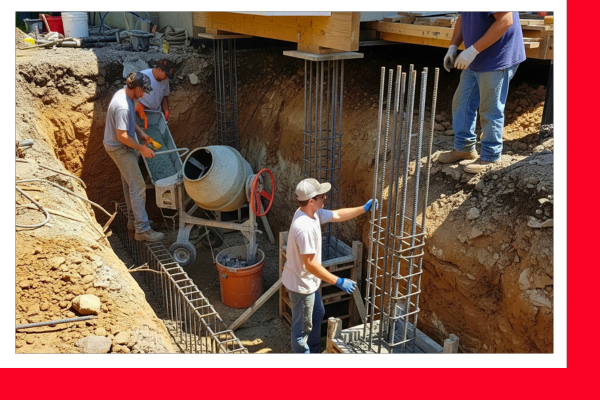 Workers performing foundation underpinning on a home