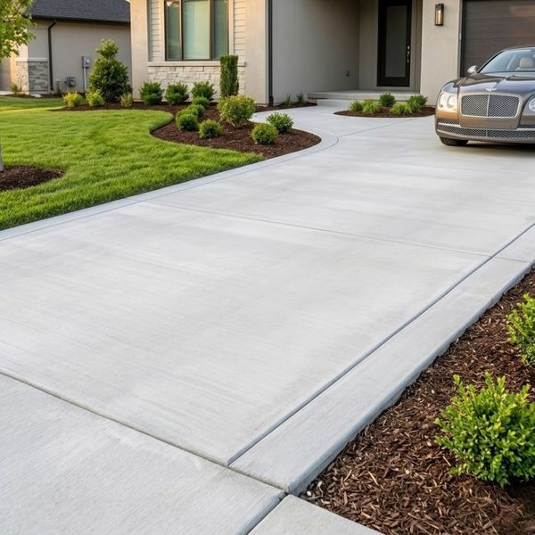 A newly poured modern concrete driveway with a smooth professional finish.