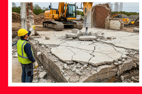 An old cracked concrete foundation being demolished with heavy machinery