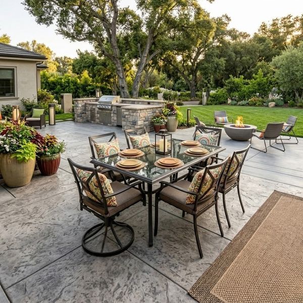 a view of a backyard, with an outdoor patio table set on it and other outdoor patio elements