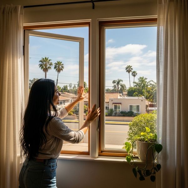 woman opening a window