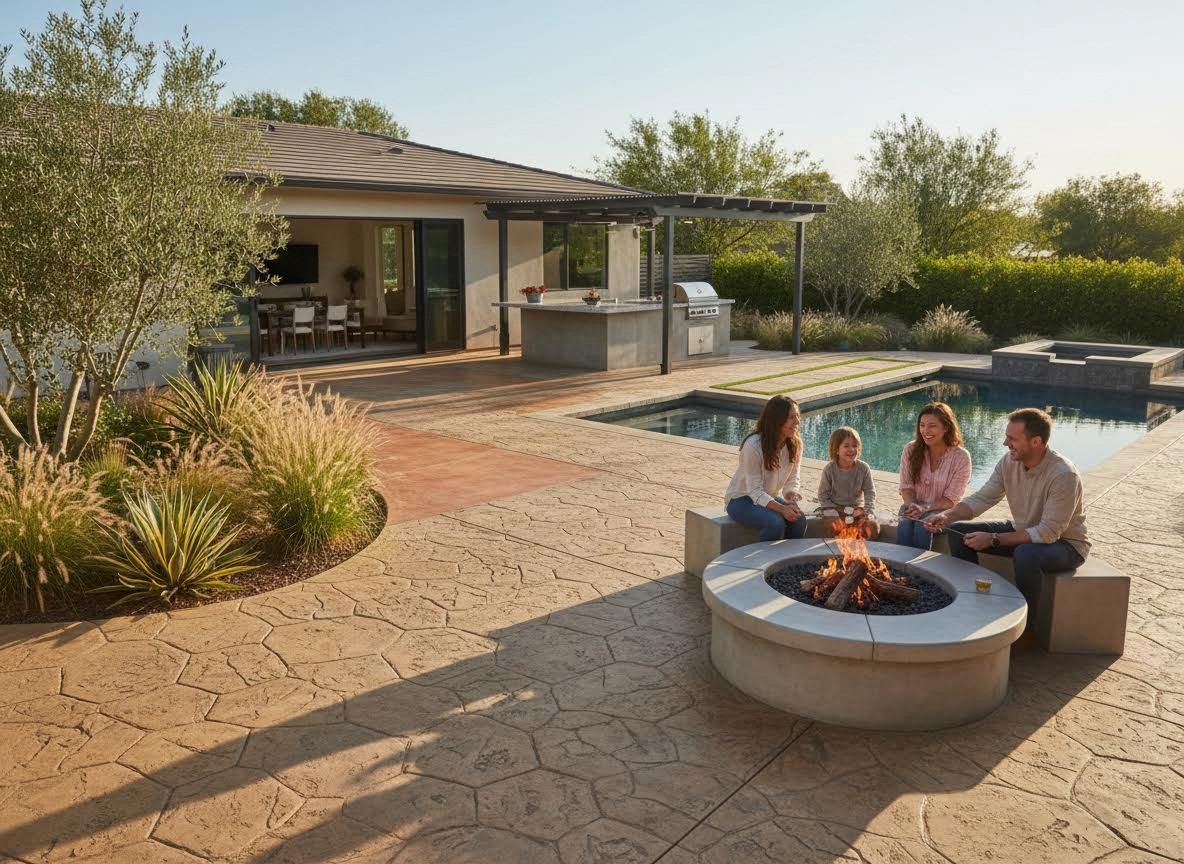 Family enjoying fire pit on stamped concrete patio with pool and outdoor kitchen