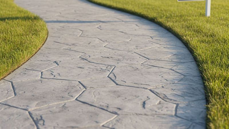Decorative stamped concrete walkway leading up to a modern home Decorative stamped concrete walkway leading up to a modern home
