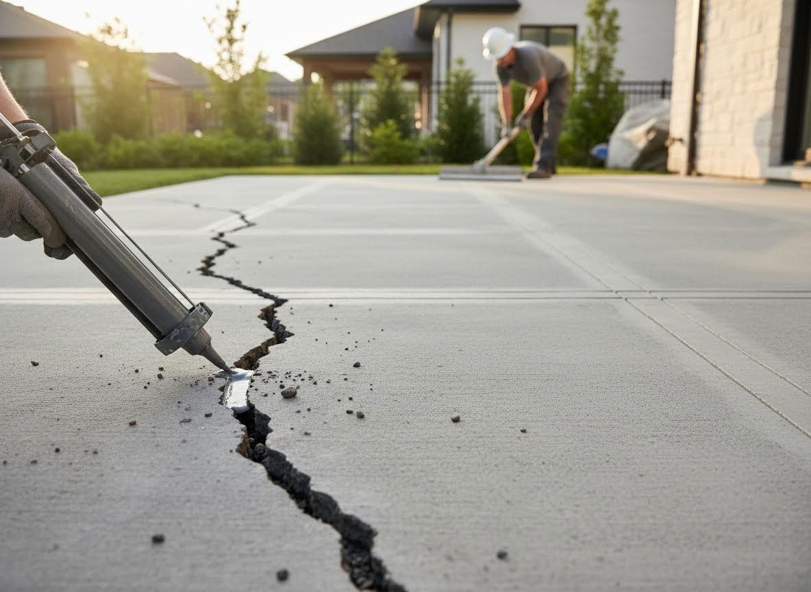 Worker Sealing Crack in Concrete Driveway