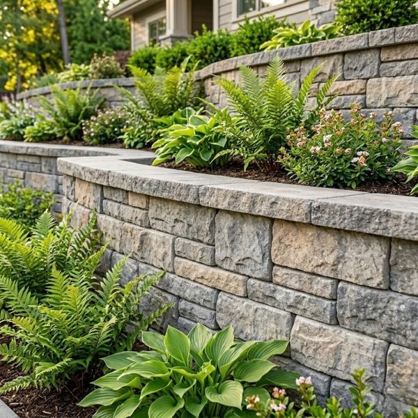 A decorative concrete retaining wall in a landscaped backyard.