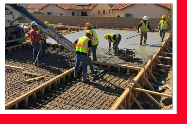 construction crew working on a residential concrete foundation in the San Fernando Valley
