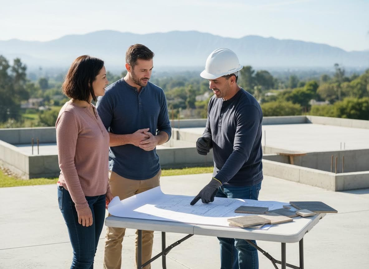 Contractor discusses blueprints with a couple at a new home construction site