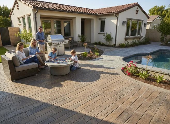 Family enjoying a spacious backyard patio with a pool and grill