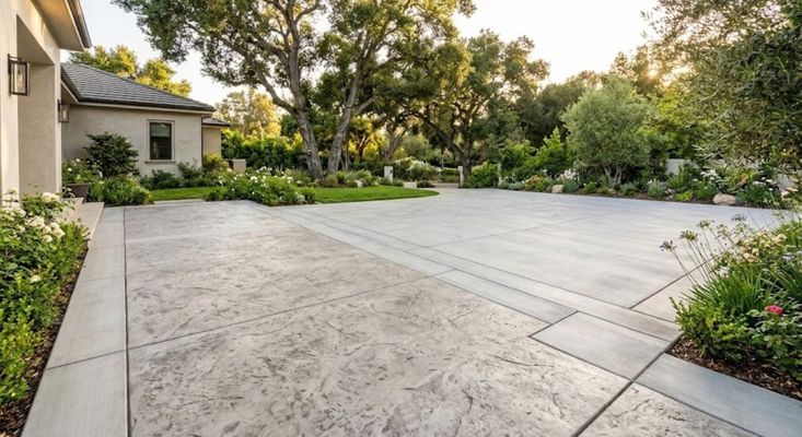 Professional architectural photo of a modern home with a custom stamped concrete patio and driveway. Professional architectural photo of a modern home with a custom stamped concrete patio and driveway.