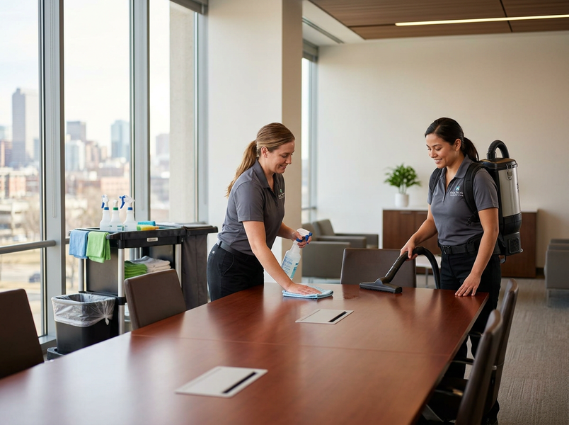 Commercial cleaning staff sanitizing an office conference room