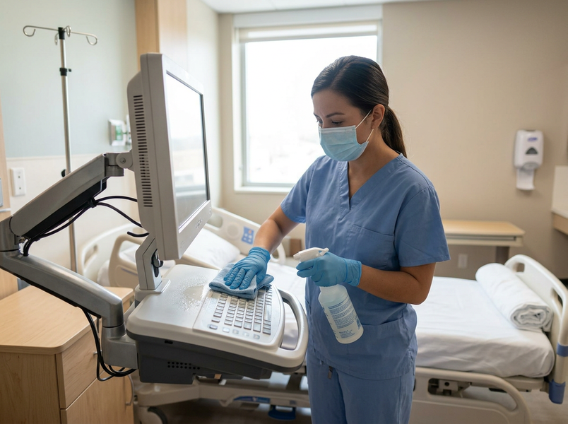 A masked healthcare worker in blue scrubs and gloves disinfects a medical console with a spray bottle and cloth in a hospital room. Healthcare worker cleaning medical equipment in a hospital room