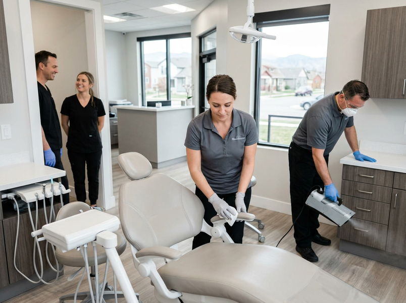 Staff disinfecting a modern dental treatment room. A woman wipes a chair, a man uses a fogger, and two staff chat in the background. Dental Office Sanitization and Cleaning