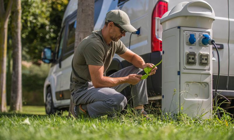 person plugging rv into electric outlet