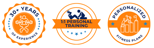 Three fitness business trust badges highlighting 30+ Years of Experience, 1:1 Personal Training, and Personalized Fitness Plans