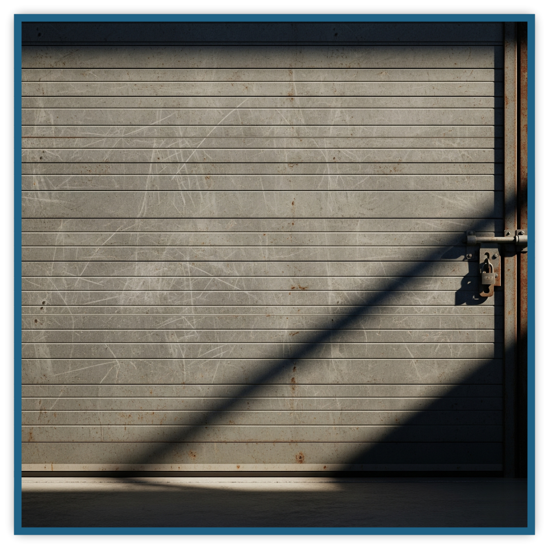 A close-up of a large metal garage door