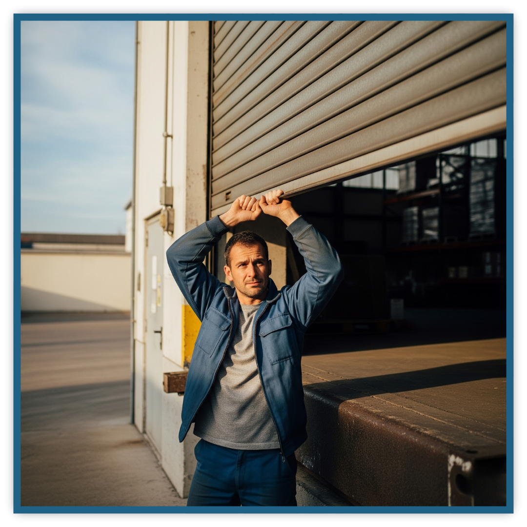 Man opening a warehouse garage door