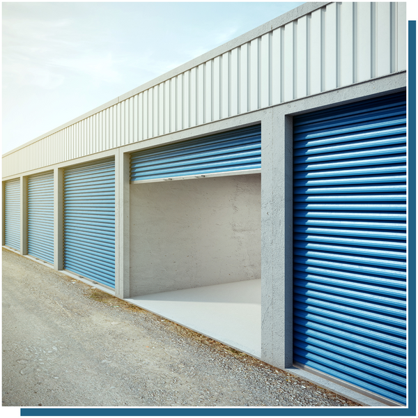 open blue garage door at storage property