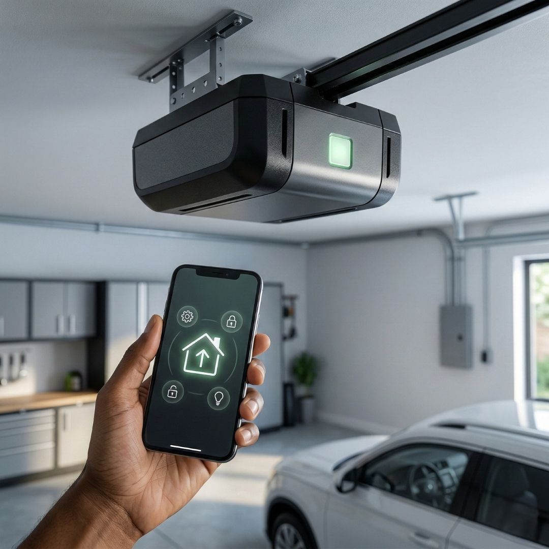 A close-up of a smartphone displaying a smart home control app in front of a ceiling-mounted garage door opener.