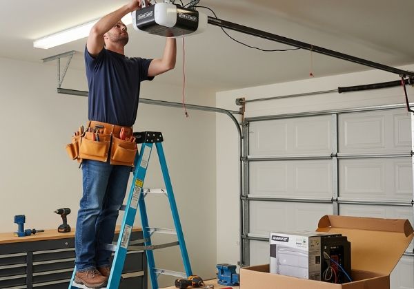 Man on a ladder repairing a garage