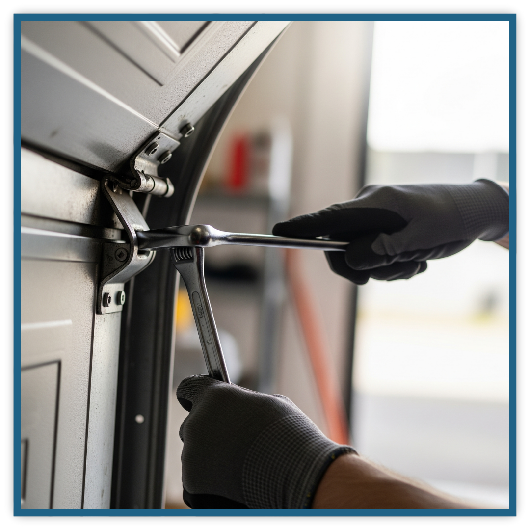 Close-up of a technician tightening a garage door hinge with a wrench