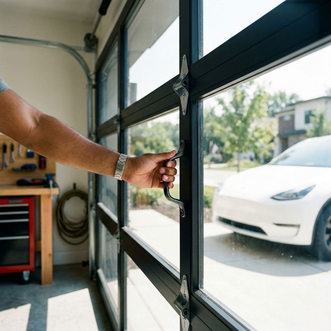 An interior view of a modern glass and aluminum garage door being opened by a hand on the handle.