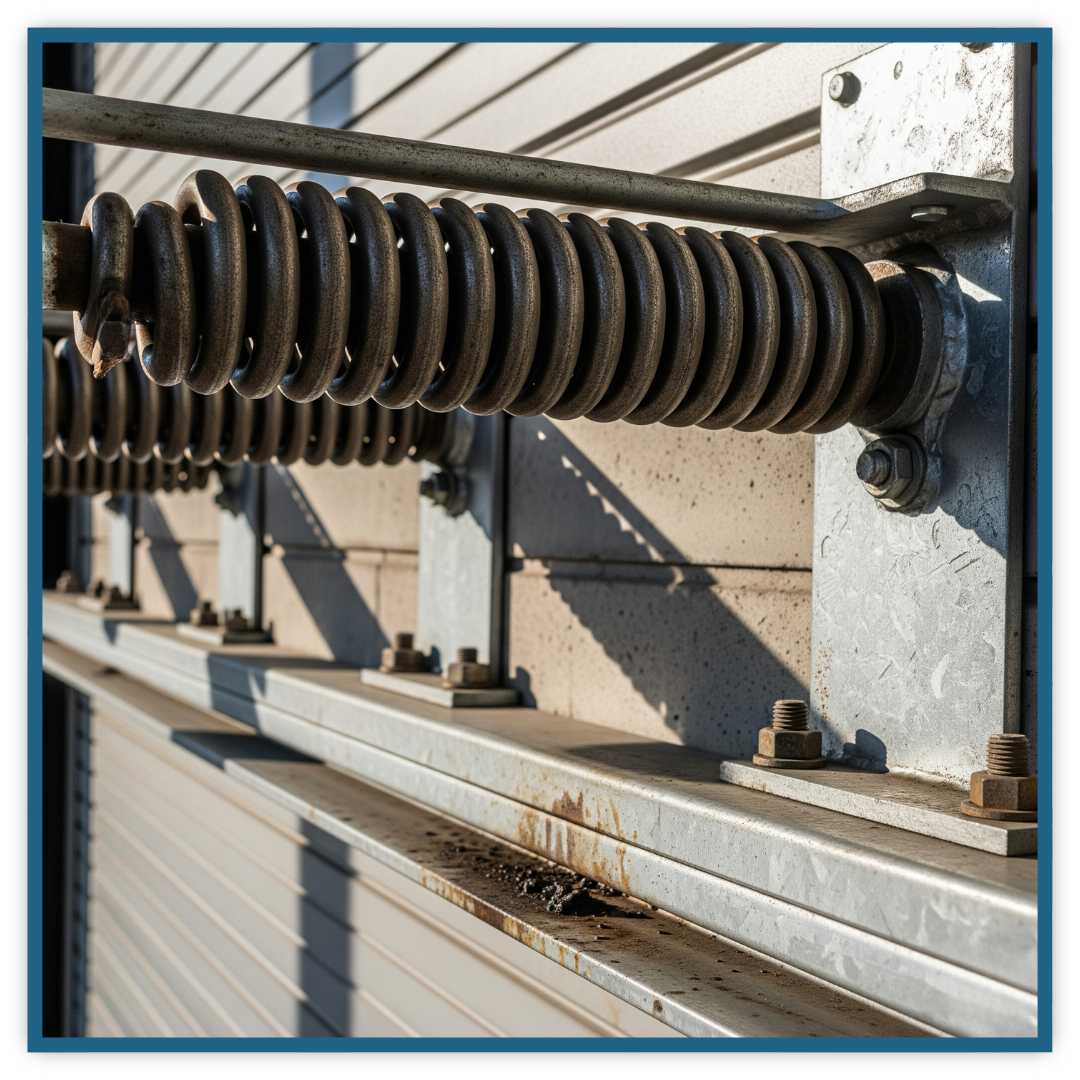 the springs and track of a large industrial garage door