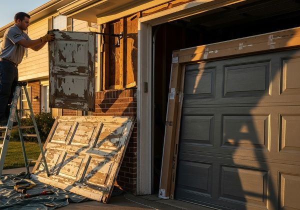 a technician carefully removing an old, worn-out garage door