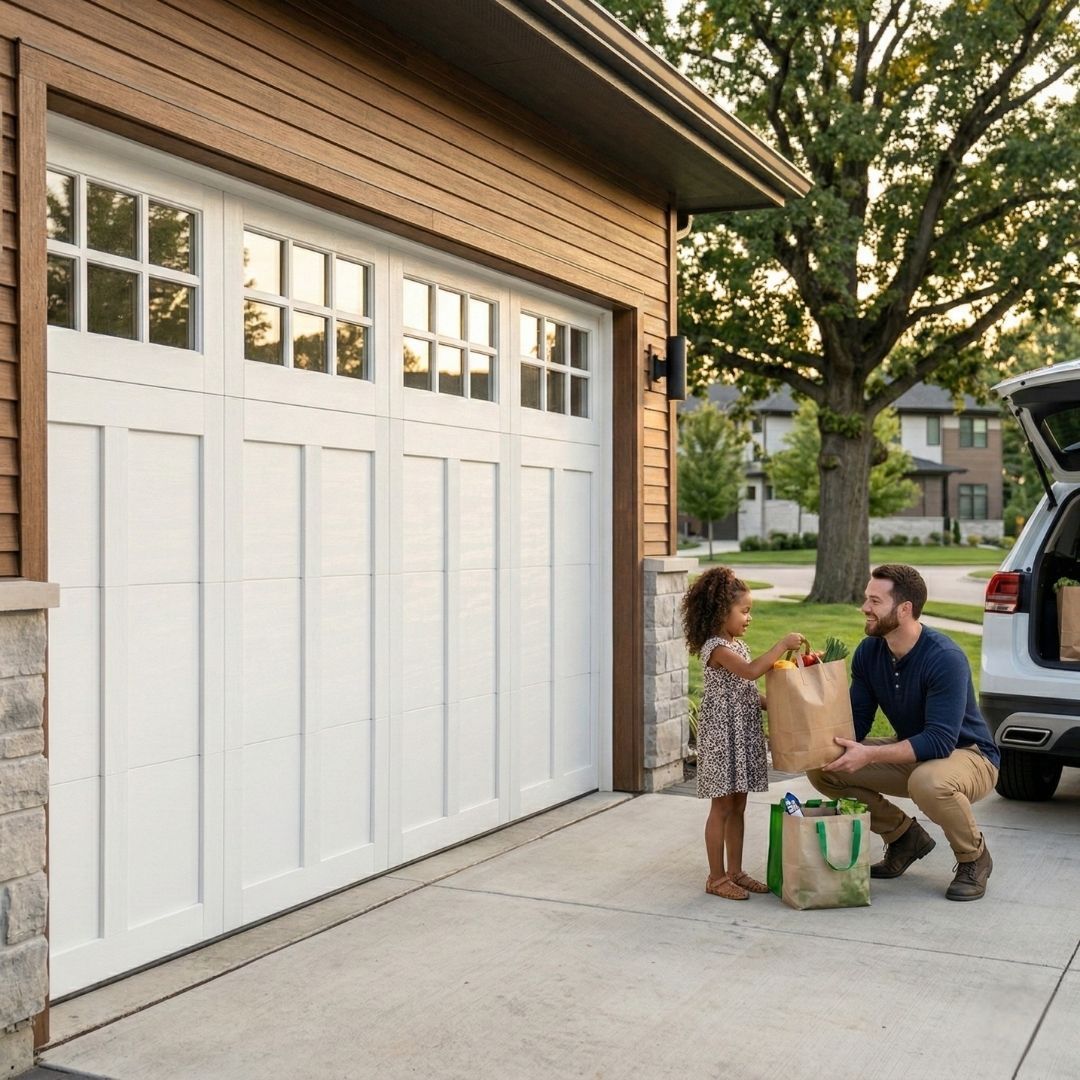 A white carriage house garage door on a modern home with a father and daughter unloading groceries in the driveway. A white carriage house garage door on a modern home with a father and daughter unloading groceries in the driveway.