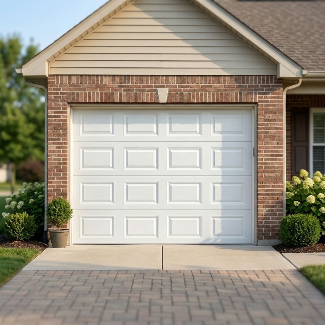 A classic white raised-panel garage door installed on a brick and siding suburban home. A classic white raised-panel garage door installed on a brick and siding suburban home.