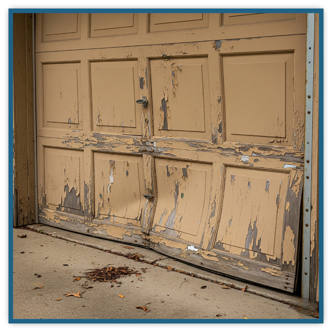 Old garage door with sagging panels and chipped paint, looking uneven on the track