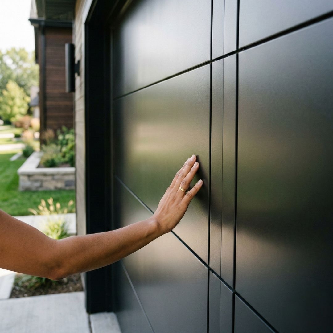 A close-up of a person's hand touching a sleek, dark modern flush-panel garage door. A close-up of a person's hand touching a sleek, dark modern flush-panel garage door.