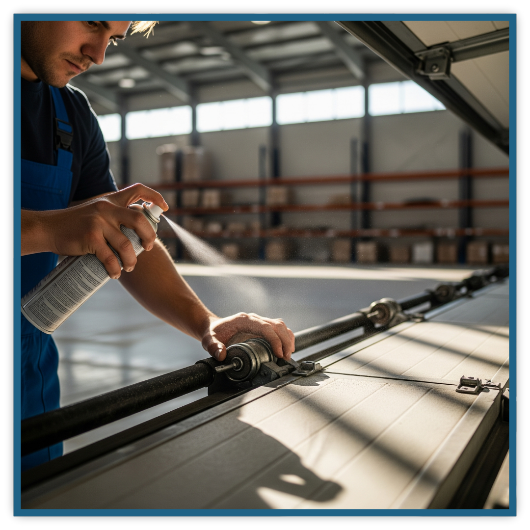 A commercial garage door technician applying lubricant to door rollers