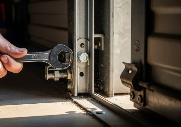 A close-up shot of a garage door repair technician using a wrench to tighten a bolt on a garage door's track