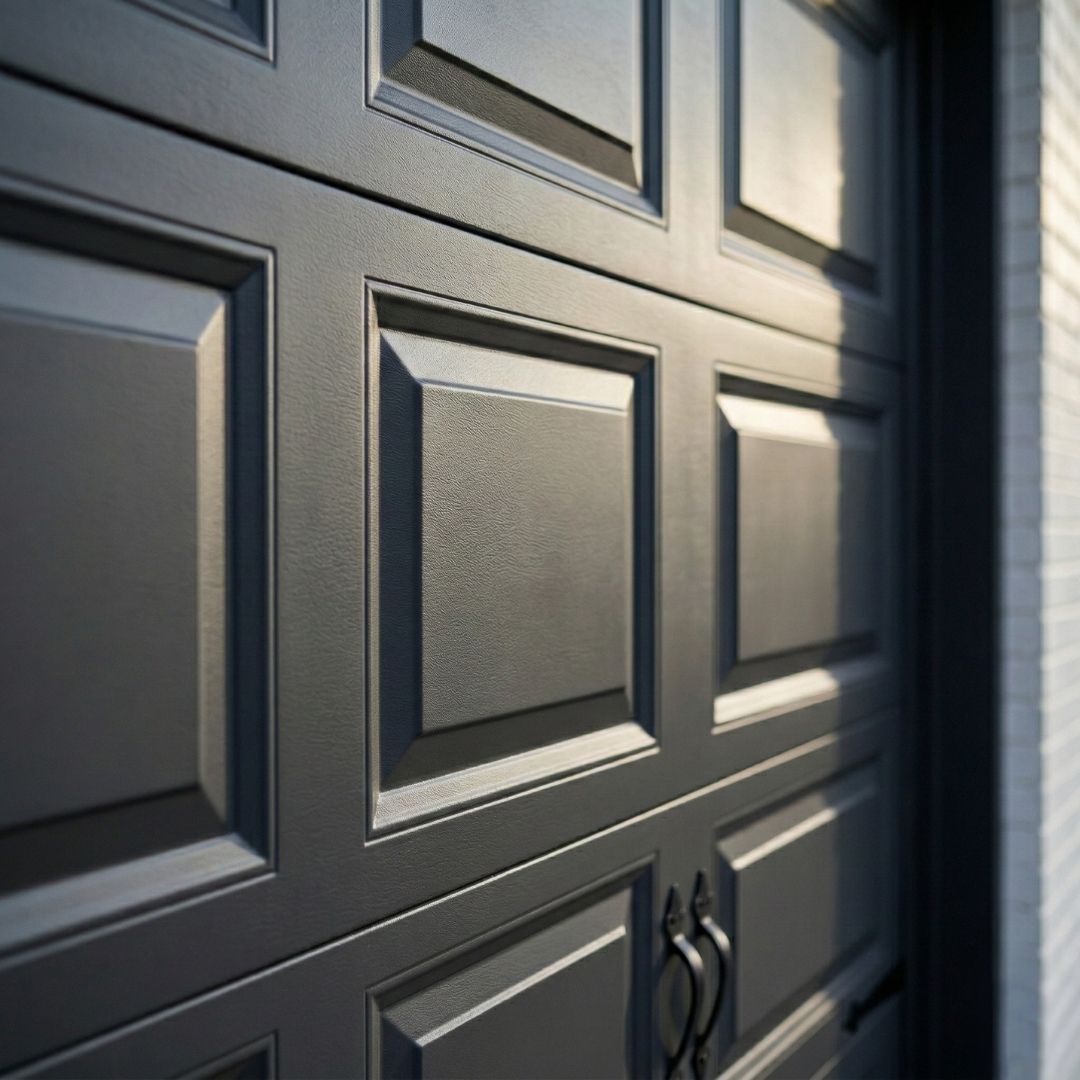 A detailed close-up of dark grey recessed panel garage door sections featuring black decorative handles.