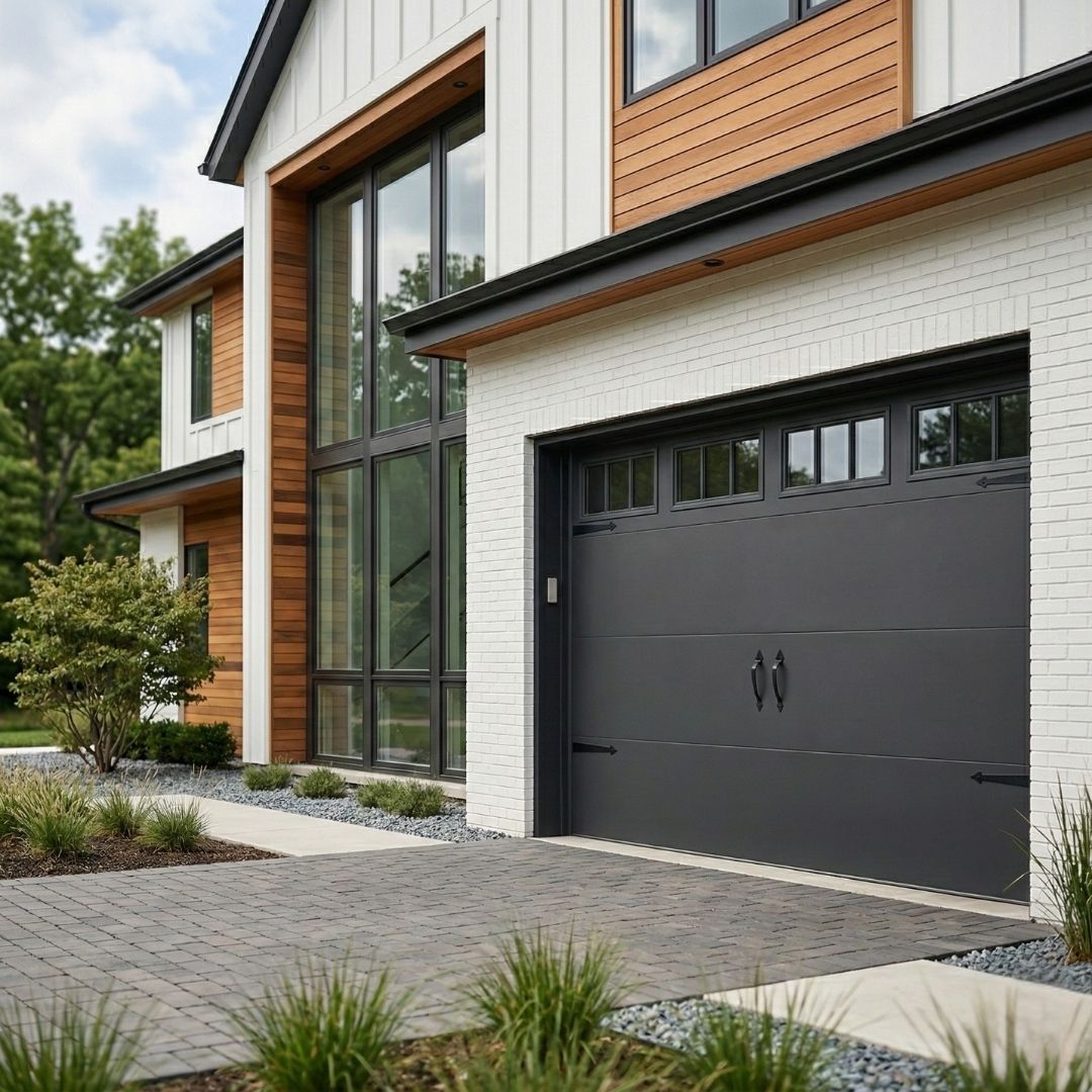 A modern charcoal grey garage door with horizontal windows on a white brick home with wood accents.