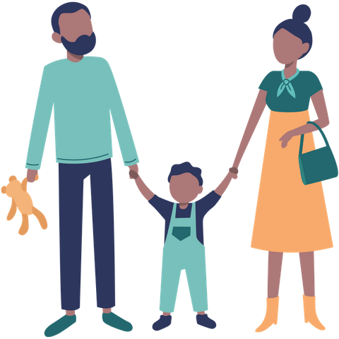 An illustration of a mother and father holding their child's hand