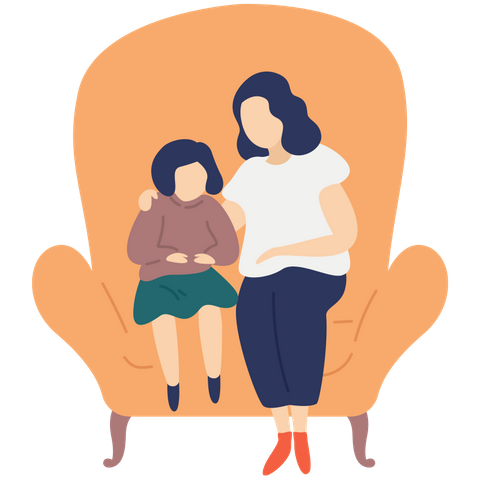 Illustration of a mother and daughter sitting on a large chair
