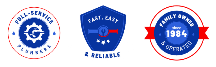 Badge 1: Family owned and operated since 1984  Badge 2: Full-Service Plumbers  Badge 3: Fast, Easy & Reliable 