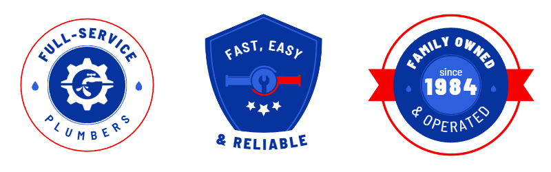 Badge 1: Family owned and operated since 1984  Badge 2: Full-Service Plumbers  Badge 3: Fast, Easy & Reliable 