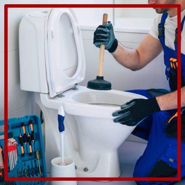 An emergency plumber from Plumbing Plus using a plunger to efficiently clear a clogged toilet in an Alpine home.