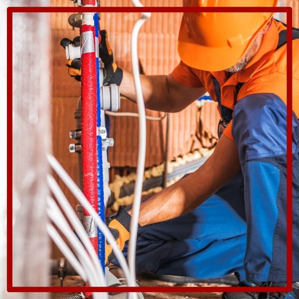 A certified plumber in a hard hat installing new PEX plumbing lines inside the wall of an Alpine home.