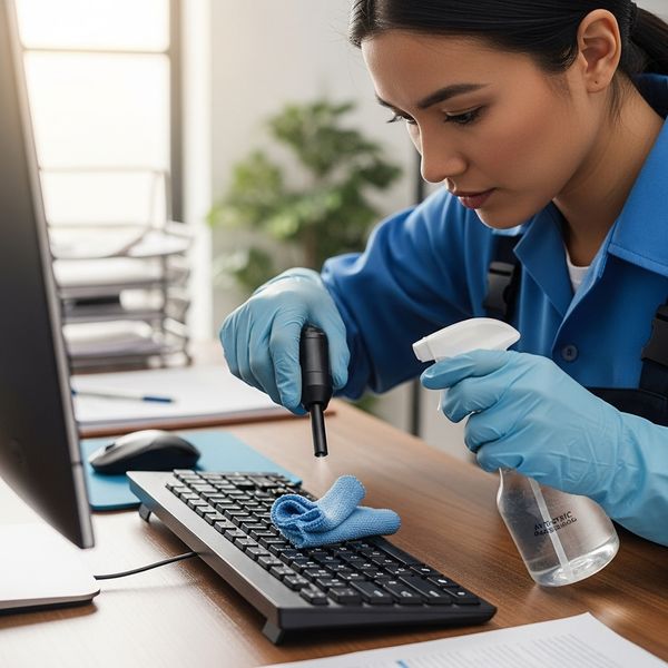 A professional cleaner carefully sanitizing a computer keyboard in an office.