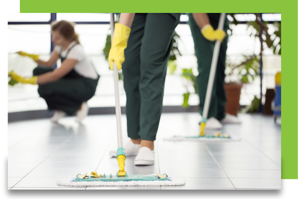 janitorial staff cleaning the floor and windows