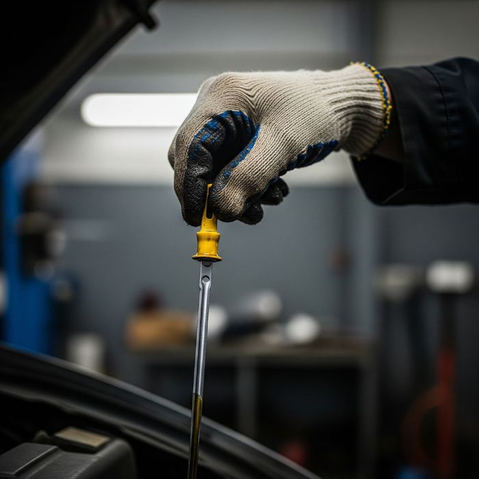 Close-up of a gloved hand pulling out a car's oil dipstick to check the fluid level. Close-up of a gloved hand pulling out a car's oil dipstick to check the fluid level.