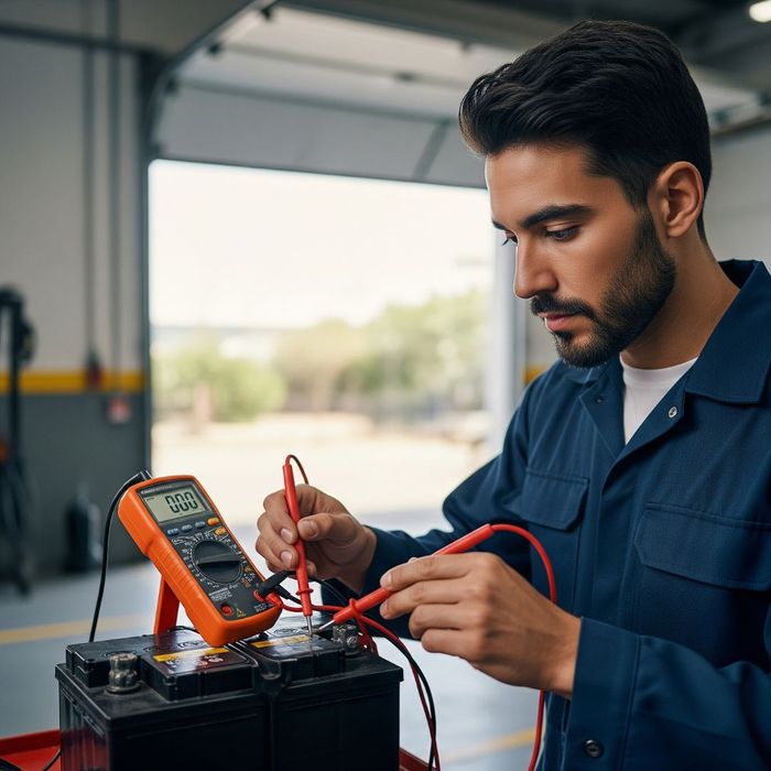 Technician using a specialized tool to test the voltage and health of a car battery. Technician using a specialized tool to test the voltage and health of a car battery.